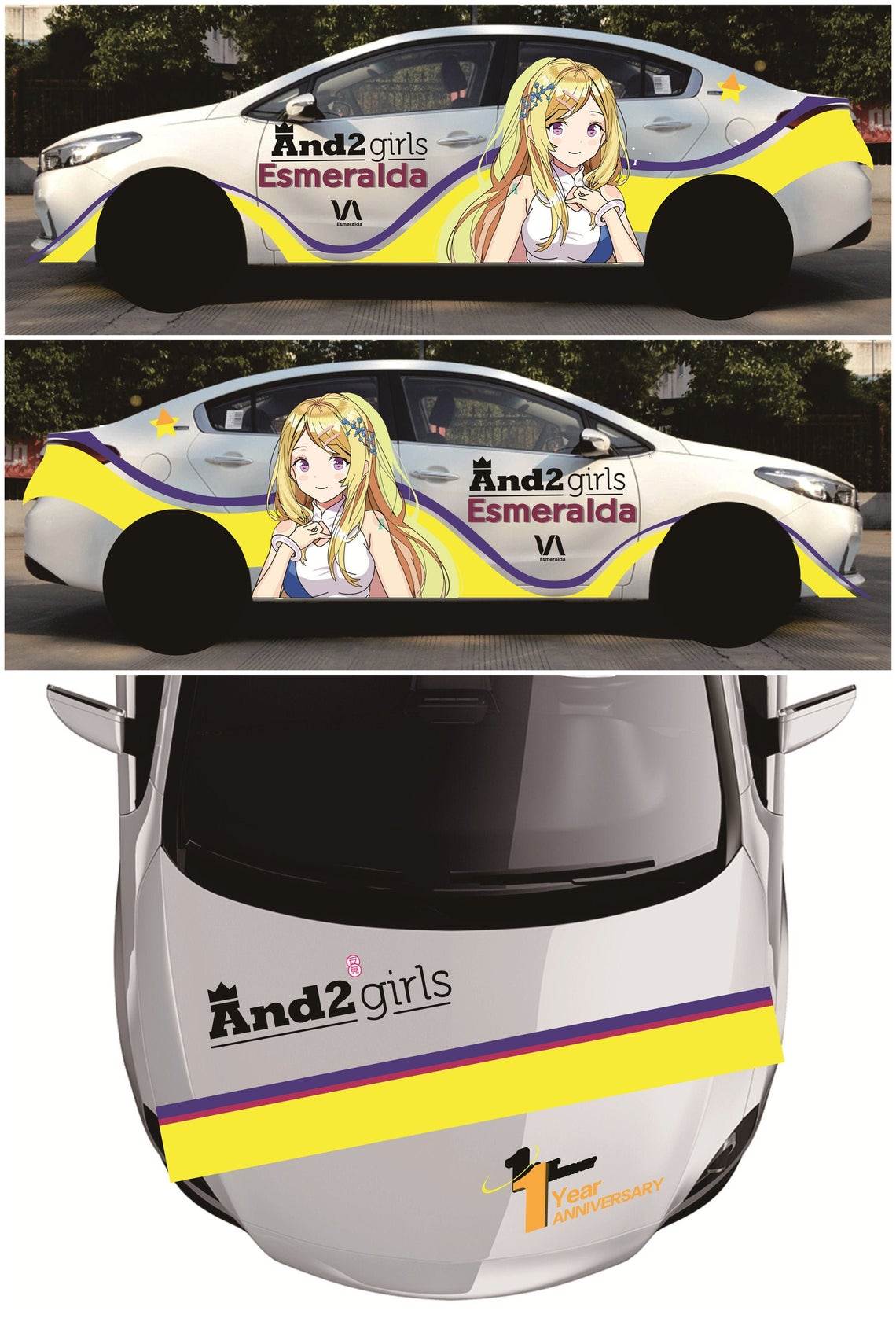 Anime ITASHA And 2 Grils Car Wrap Door Side Stickers Decal Fit